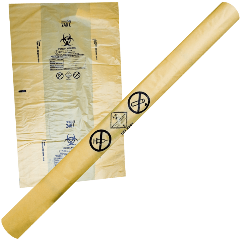 Sac polietilena, galben, inscriptionat, pericol biologic, 240 L, 117.5 x 65.5 CM
